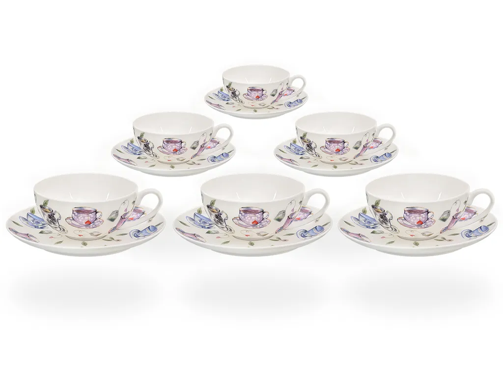 Buchensee Teetassen Porzellan, 6 Tassen je 150ml, Tassendeko, Fine Bone China